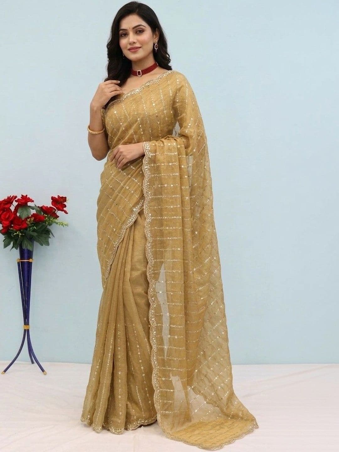 SmileyFashion Embellished Sequinned Poly Chiffon Designer Saree - view 1