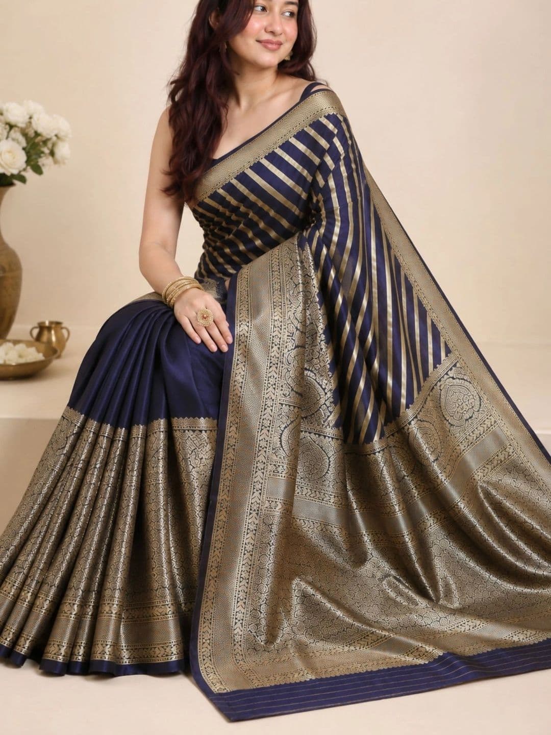 all about you Striped Zari Satin Banarasi Saree thumbnail 5