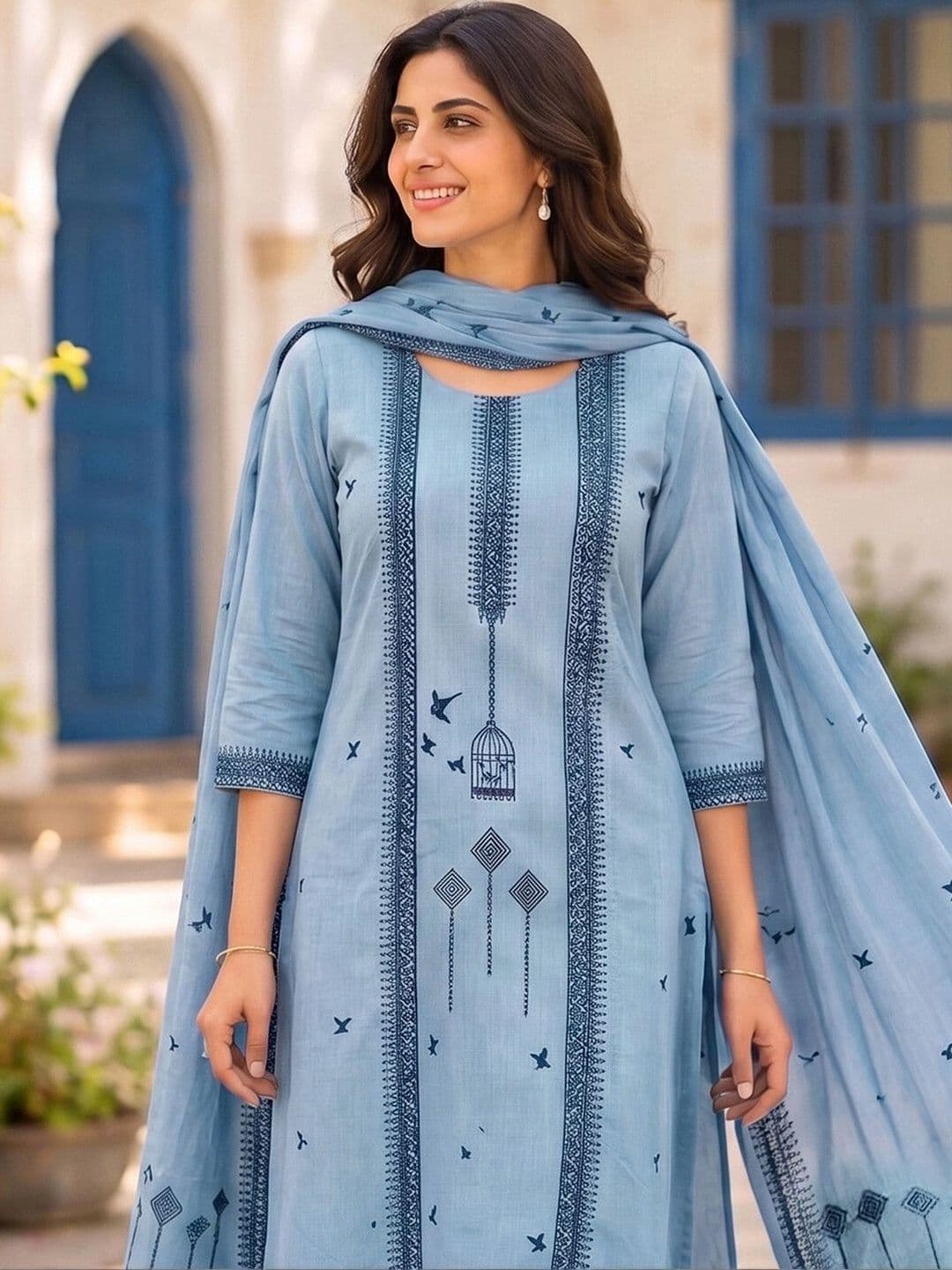 SKYLEE Women Ethnic Motifs Printed Regular Pure Cotton Kurta with Trousers & With Dupatta thumbnail 2
