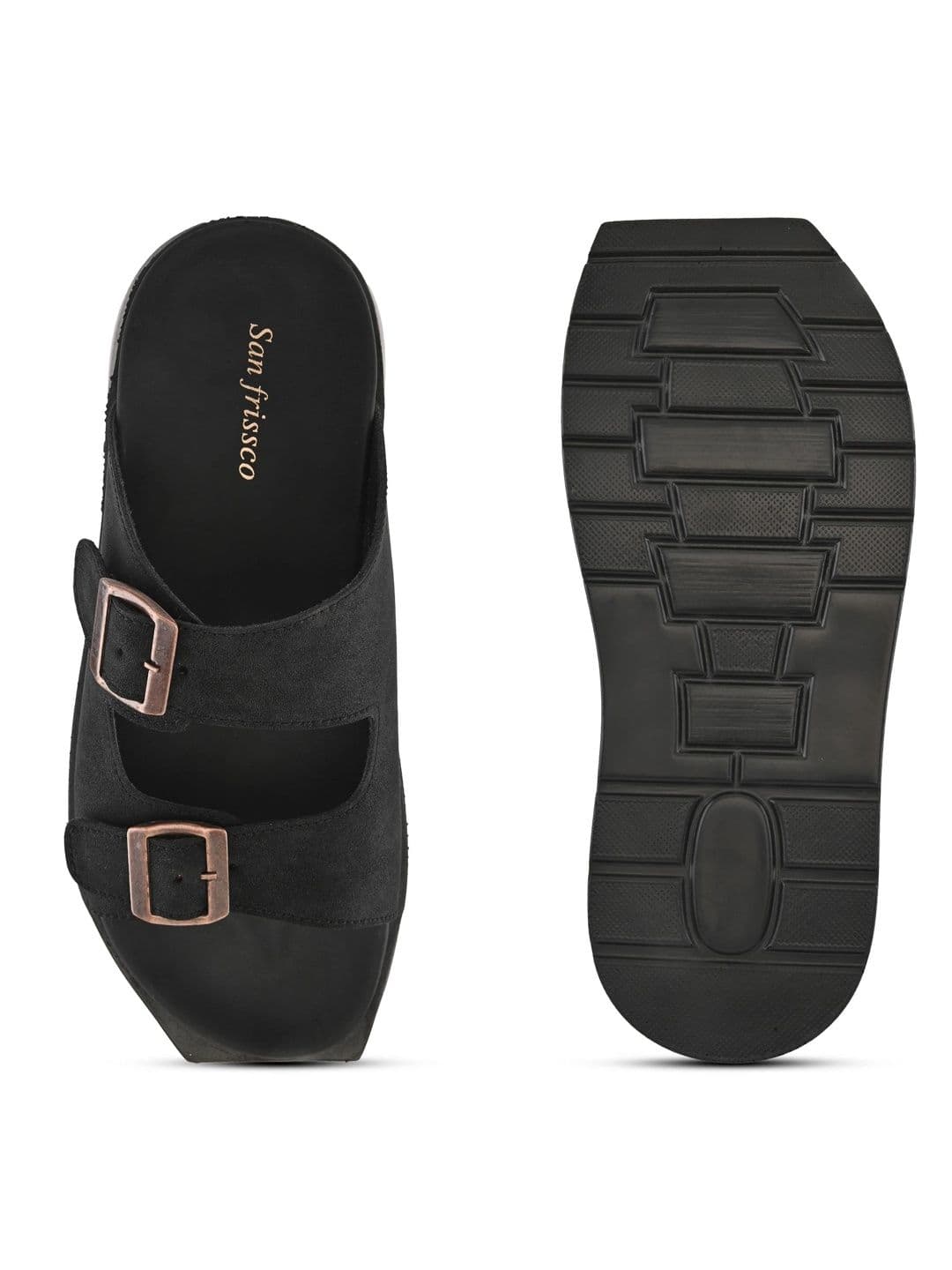 San Frissco Men Black Suede Double Buckle Sandals with Cushioned Footbed & Chunky Sole thumbnail 7