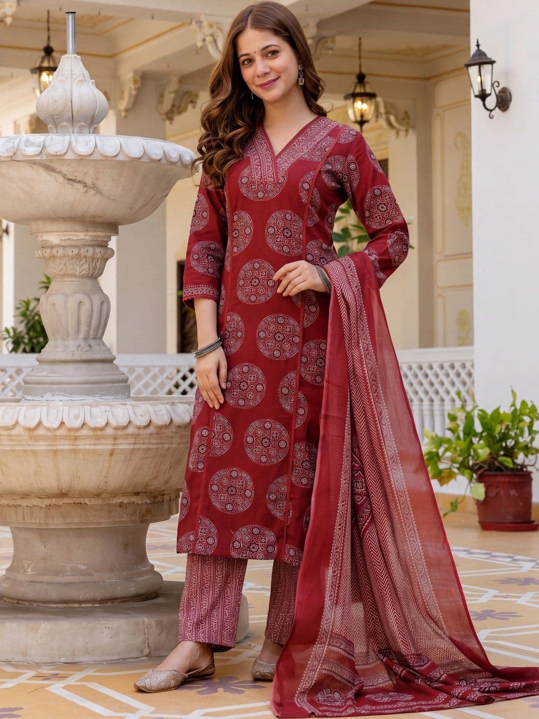 Shree Ramkrishna Fab Women Ethnic Motifs Printed Regular Pure Cotton Kurta with Trousers & With Dupatta thumbnail 4