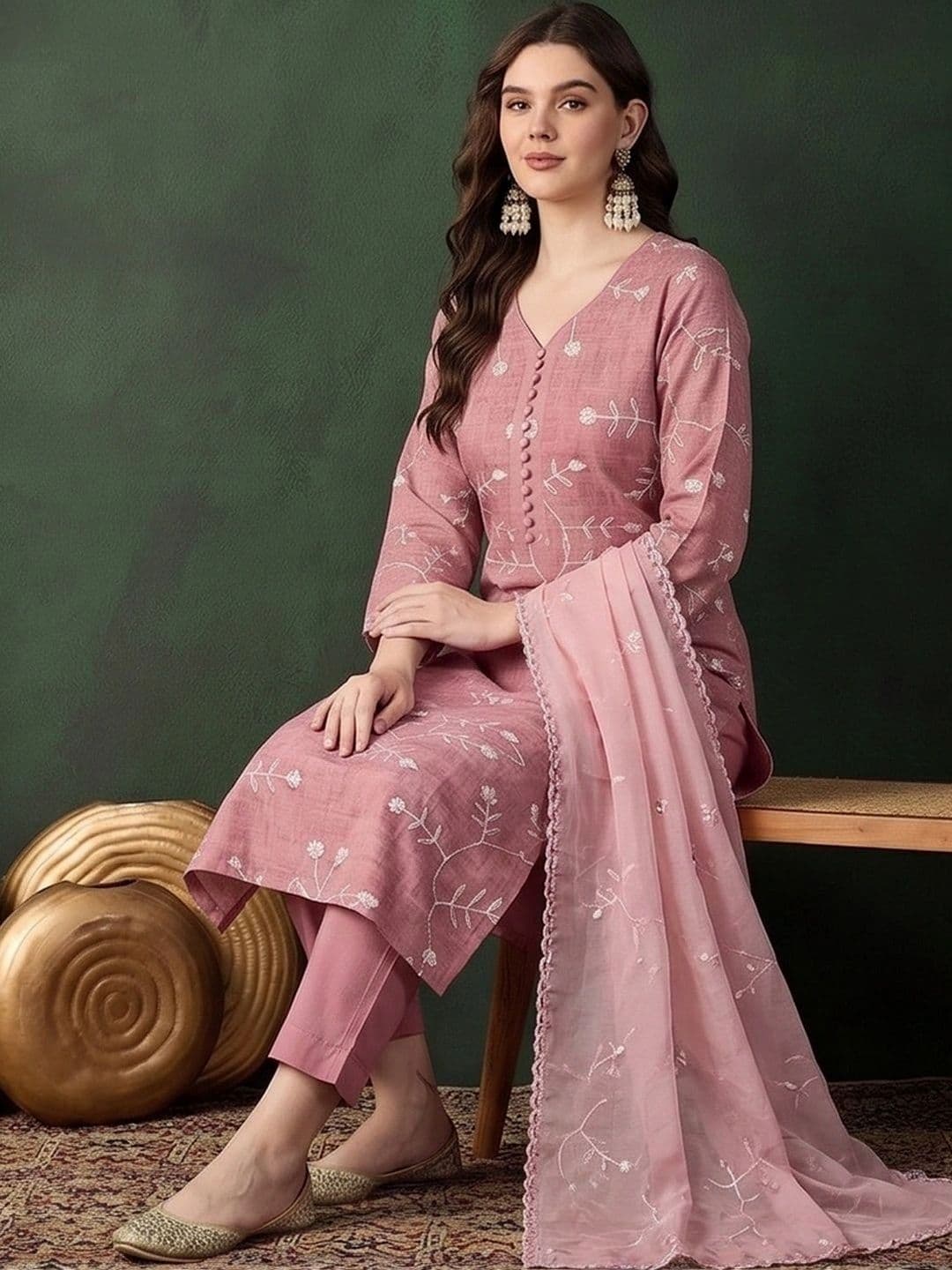 Sangria Women Floral Embroidered Regular Thread Work Kurta with Trousers & With Dupatta thumbnail 3