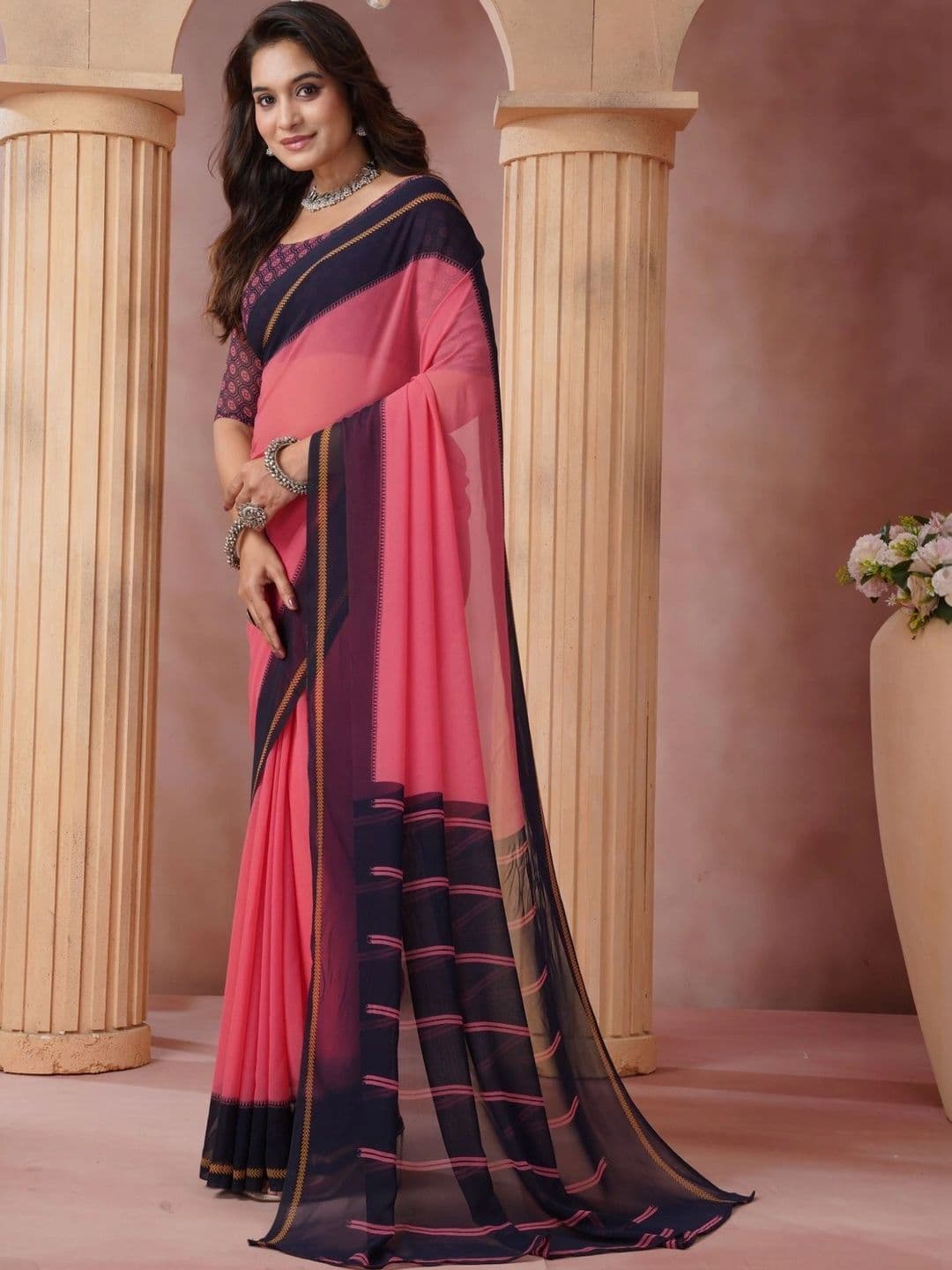 KALINI Striped Poly Georgette Saree thumbnail 3