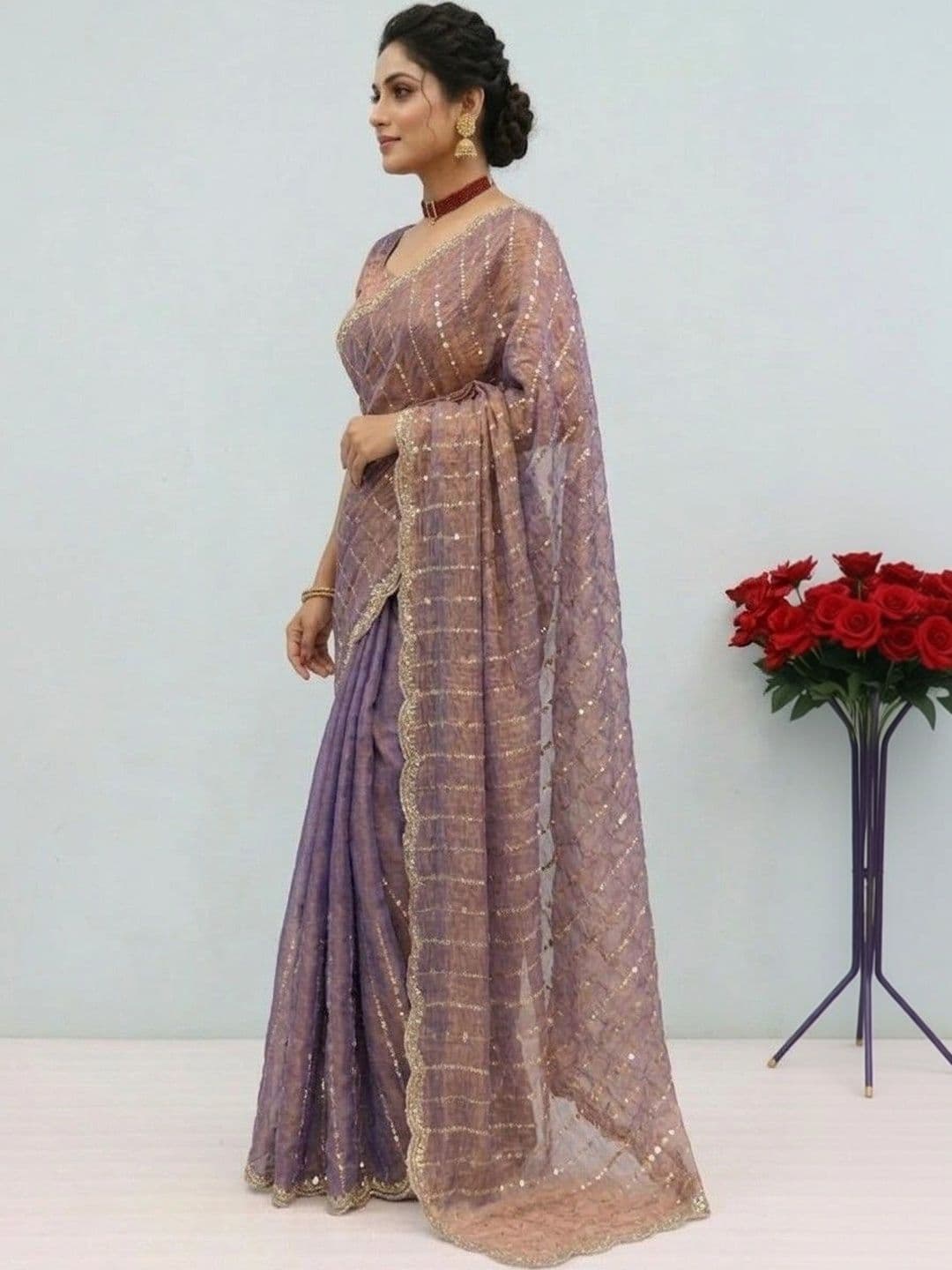 SmileyFashion Embellished Sequinned Poly Chiffon Designer Saree thumbnail 3