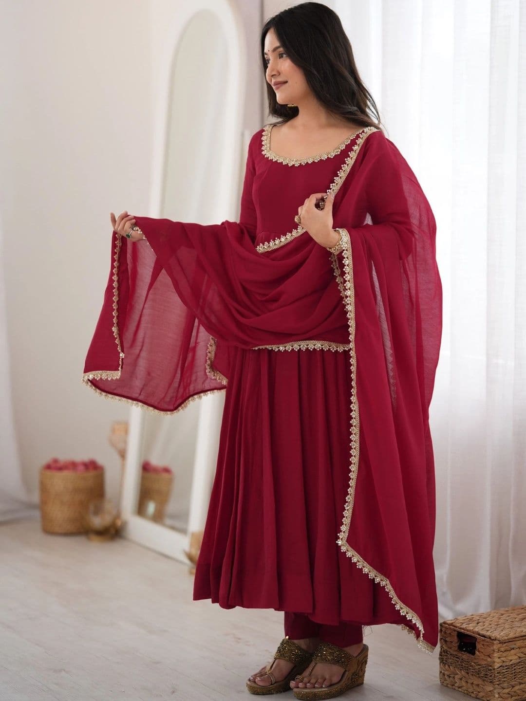 Sangria Women Empire Gotta Patti Chanderi Cotton Kurta with Trousers & With Dupatta thumbnail 2