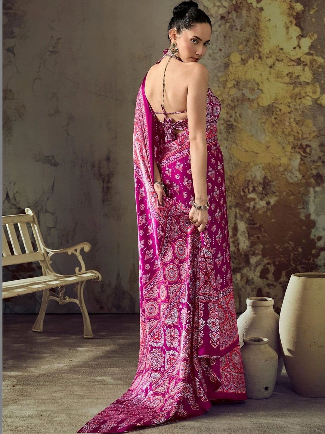 Sangria Ajrak Block Satin Designer Block Print Saree thumbnail 6
