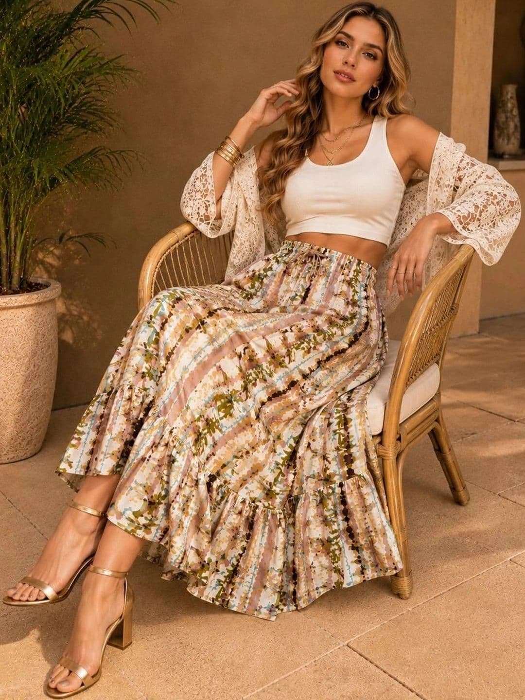 TNQ Women Crepe Tie and Dye Midi Flared Skirt thumbnail 3