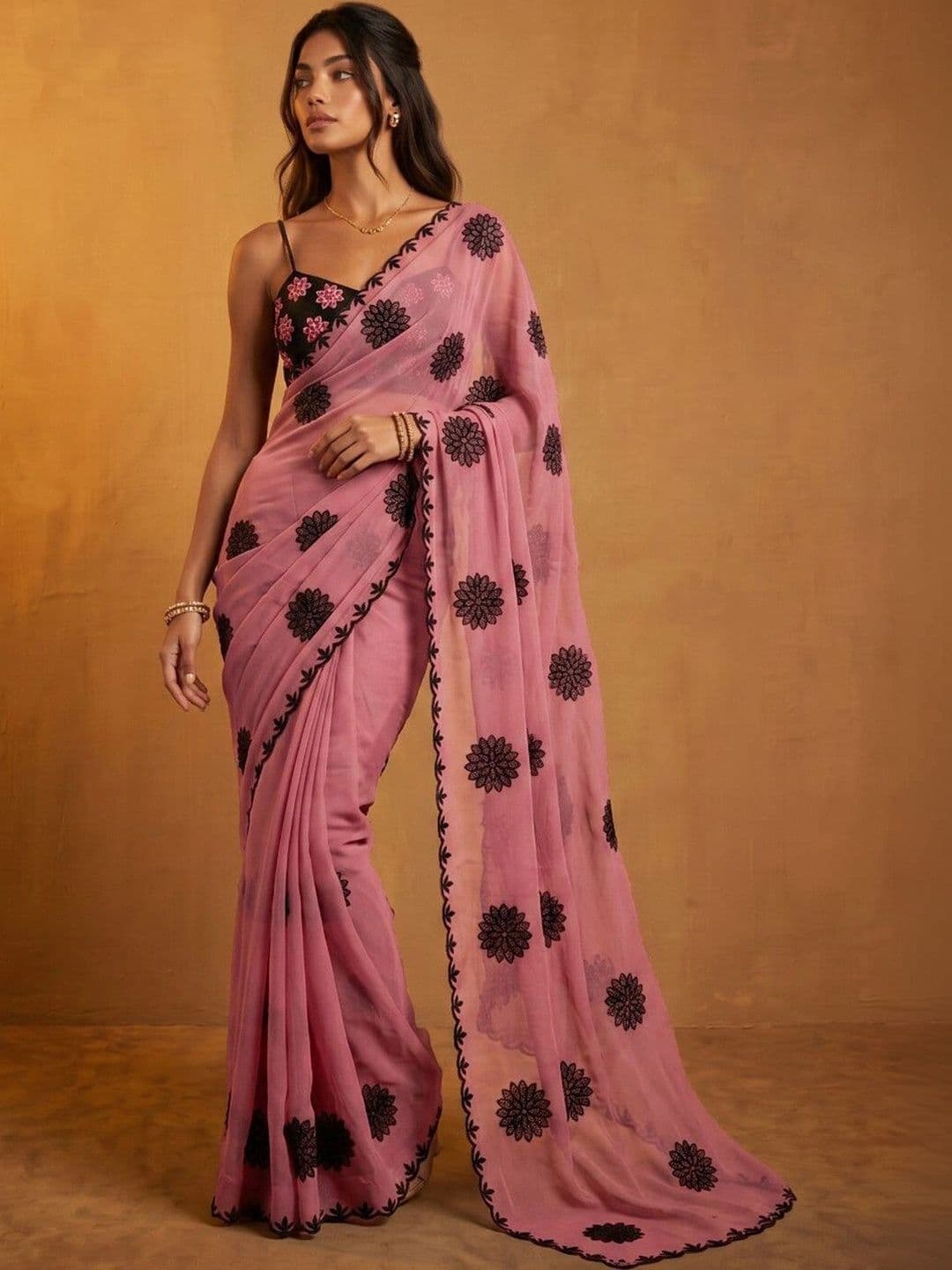 KINDA DESI Ethnic Motifs Embroidered Poly Georgette Fusion Saree - view 1