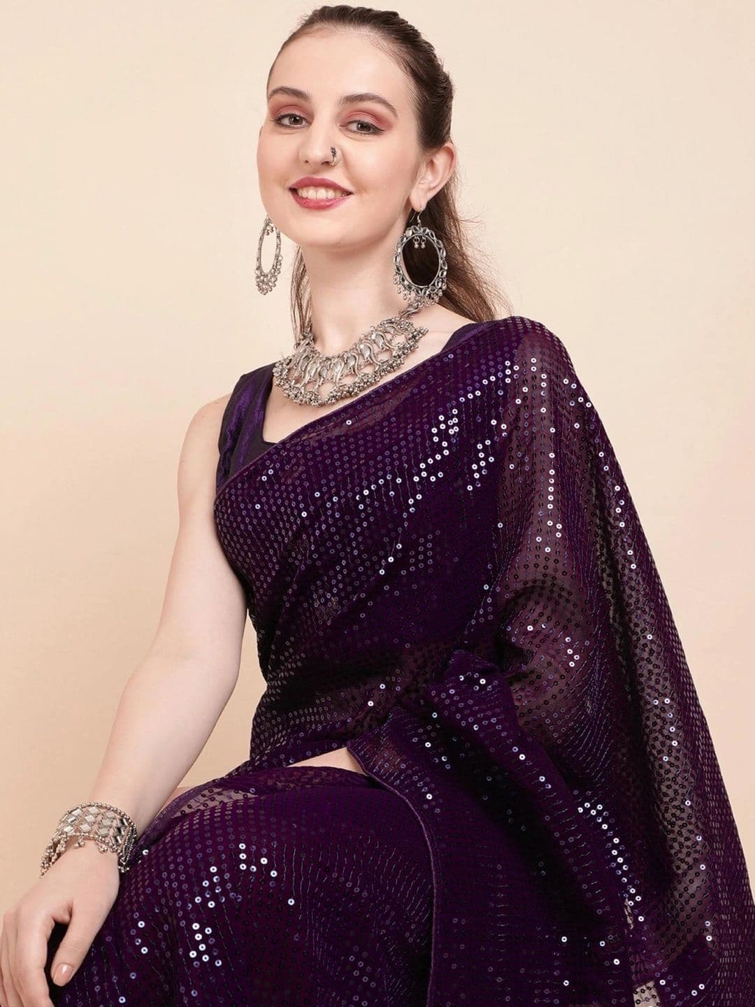 SZN Embellished Sequinned Pure Georgette Designer Saree thumbnail 4