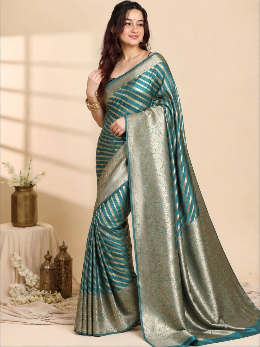 all about you Striped Zari Satin Banarasi Saree thumbnail 3