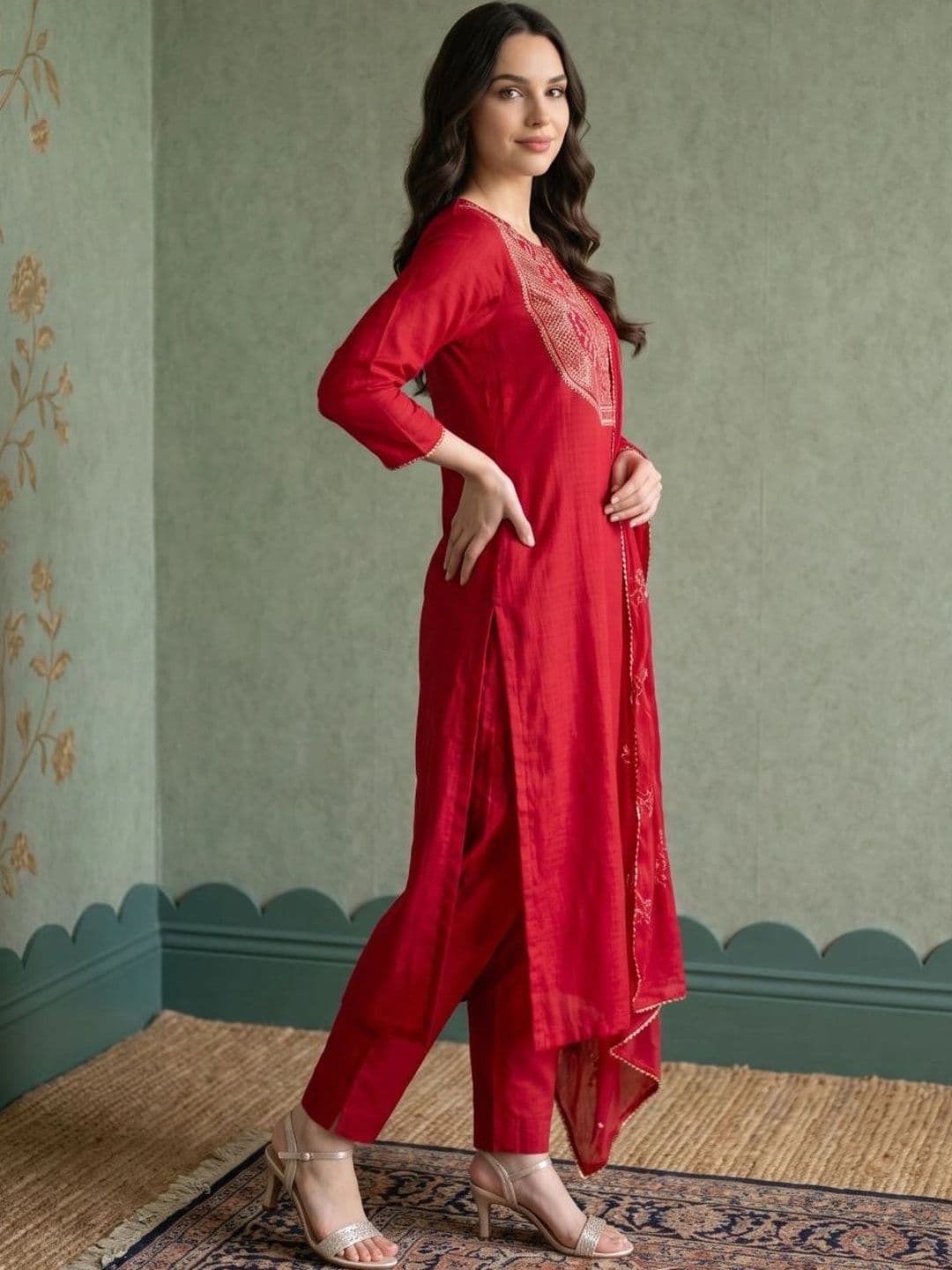 Sangria Women Ethnic Motifs Embroidered Regular Thread Work Kurta with Trousers & With Dupatta thumbnail 3