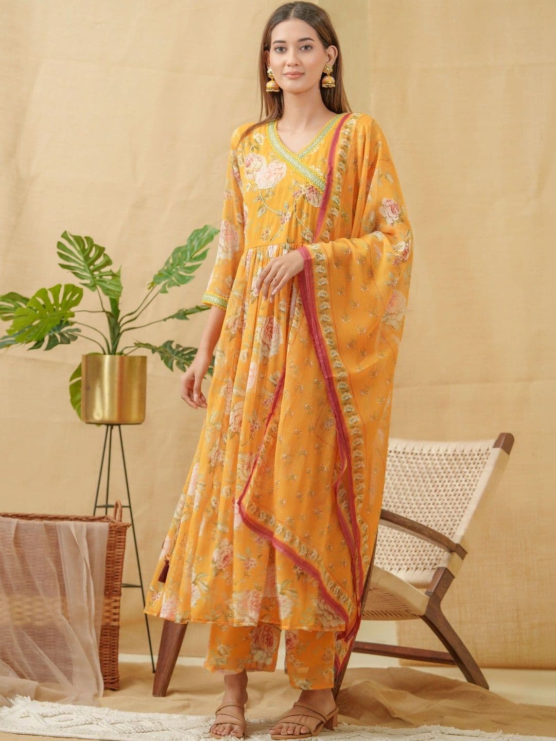 Sangria Women Floral Printed Empire Kurta with Palazzos & With Dupatta thumbnail 5