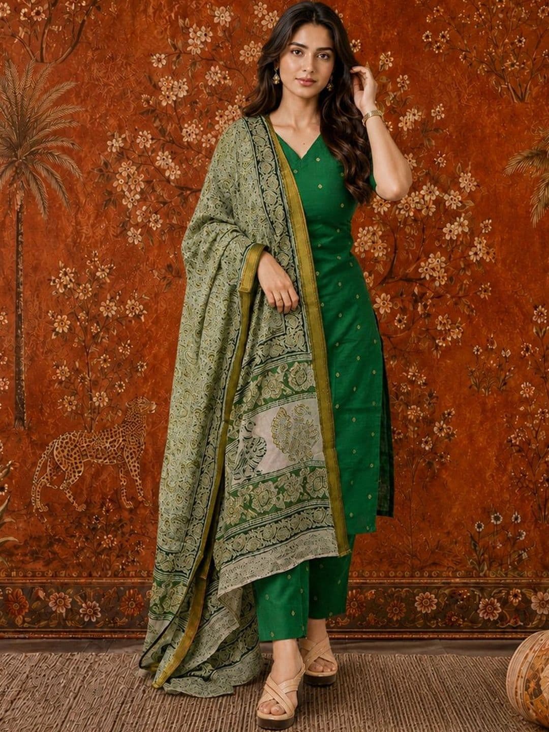 Sangria Women Ethnic Motifs Printed Regular Kurta with Trousers & With Dupatta thumbnail 4