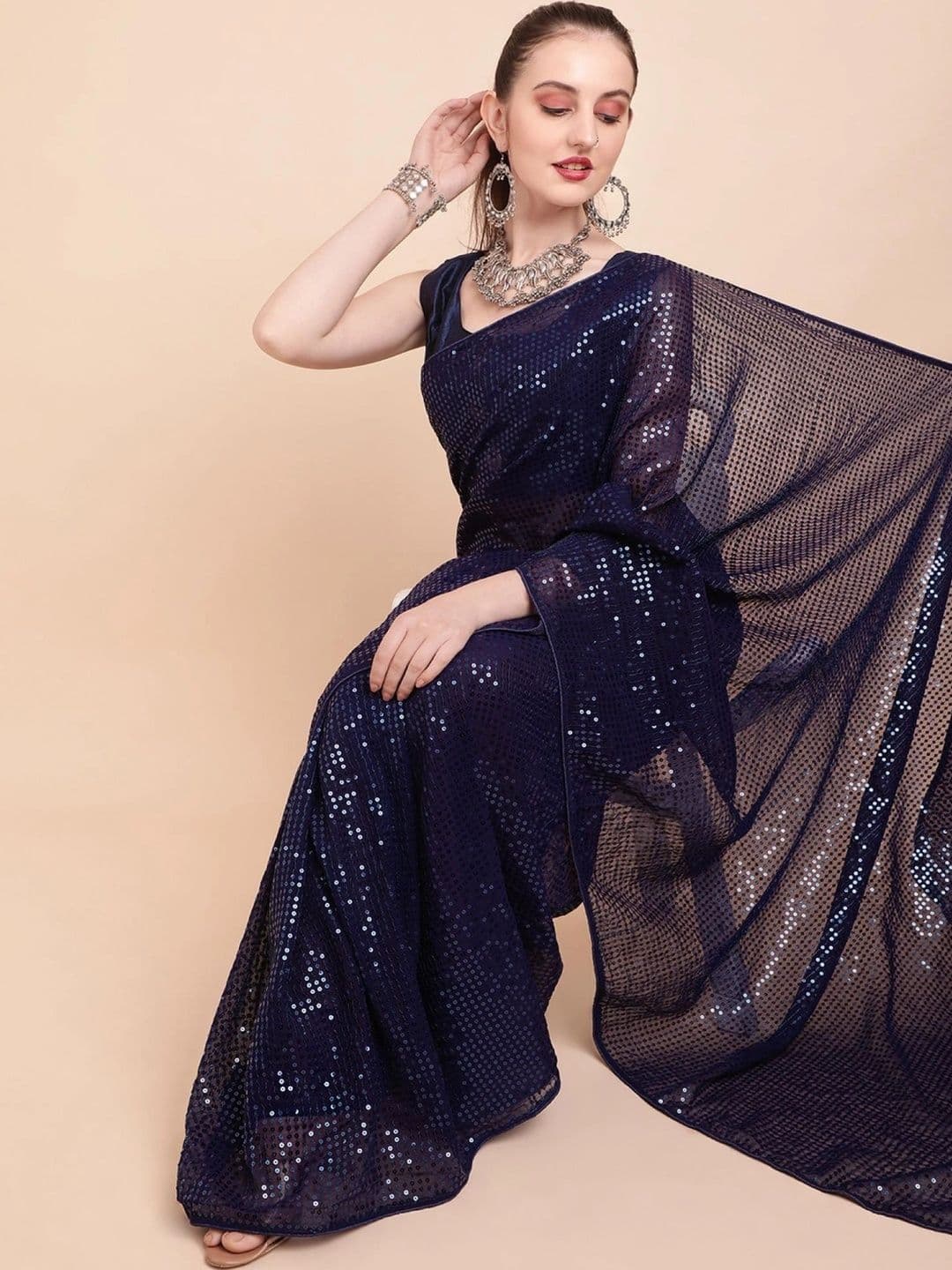 SZN Embellished Sequinned Pure Georgette Designer Saree thumbnail 4