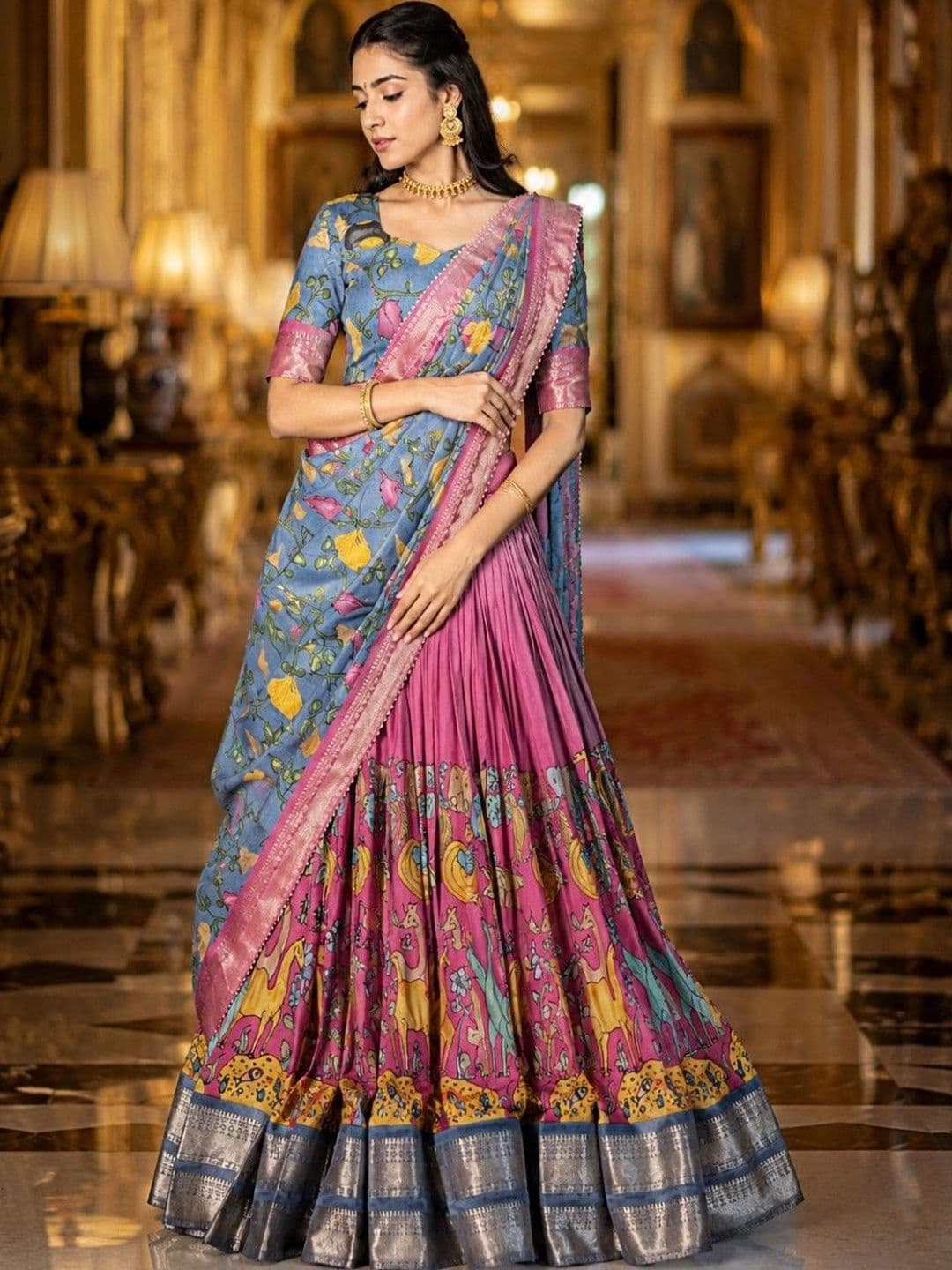 House of Pataudi Printed Kalamkari Semi-Stitched Lehenga & Unstitched Blouse With Dupatta thumbnail 2