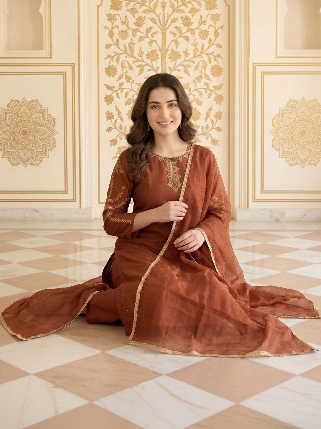 House of Pataudi Women Ethnic Motifs Embroidered Regular Thread Work Kurta with Trousers & With Dupatta thumbnail 3
