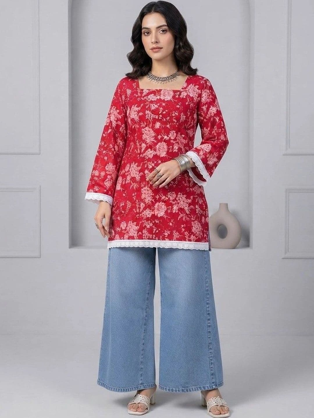 KALINI Floral Printed Square Neck Pure Cotton Kurti - view 1
