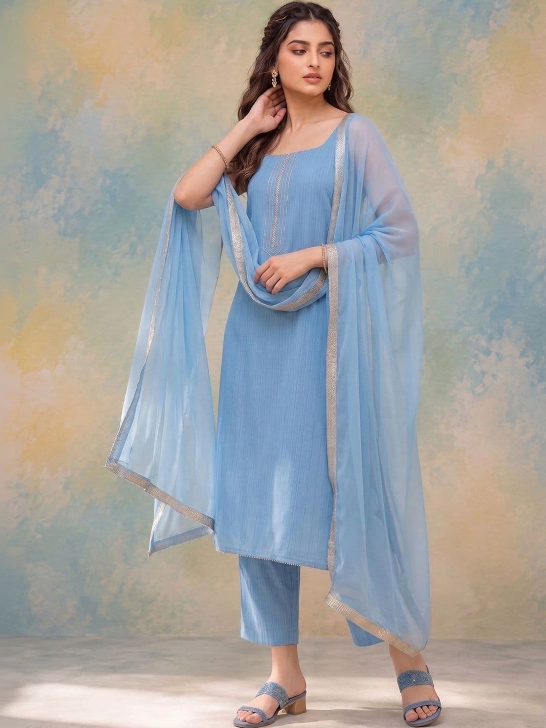AADVIKA Scoop Neck Straight Kurta With Trousers & Dupatta thumbnail 4