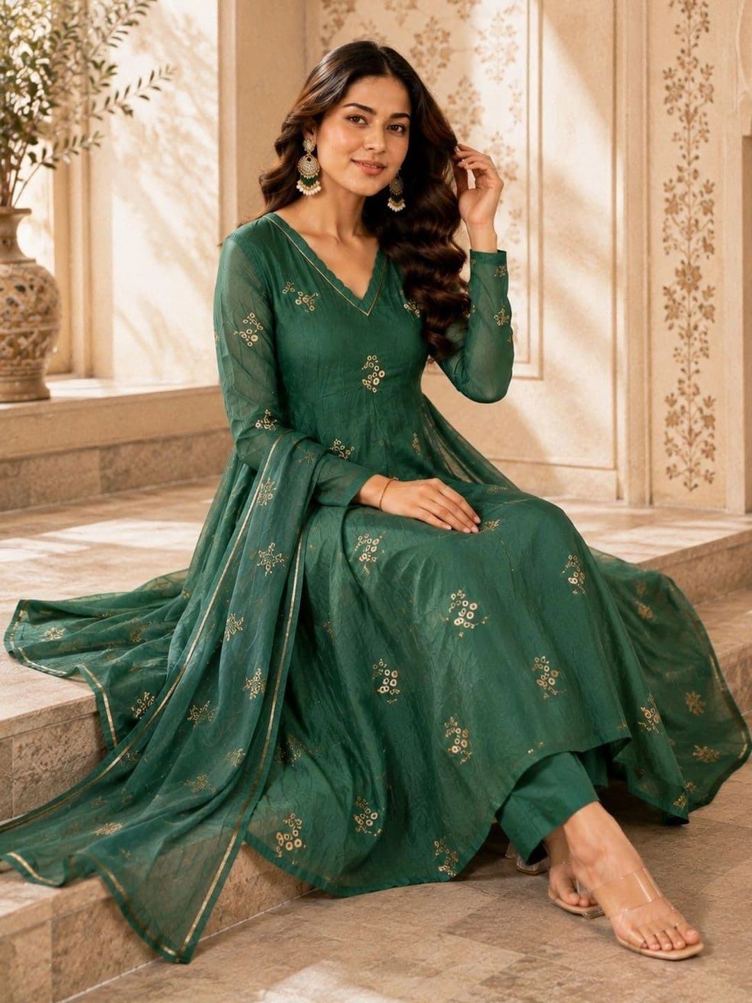 Sangria Women Ethnic Motifs Embroidered Regular Chanderi Silk Kurta with Trousers & With Dupatta thumbnail 2