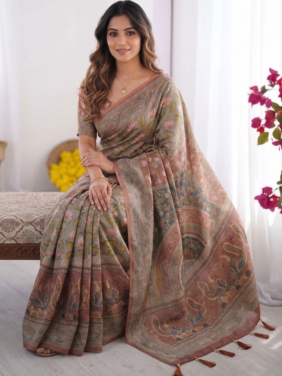 RUTVA FASHION Floral Zari Linen Blend Saree thumbnail 3