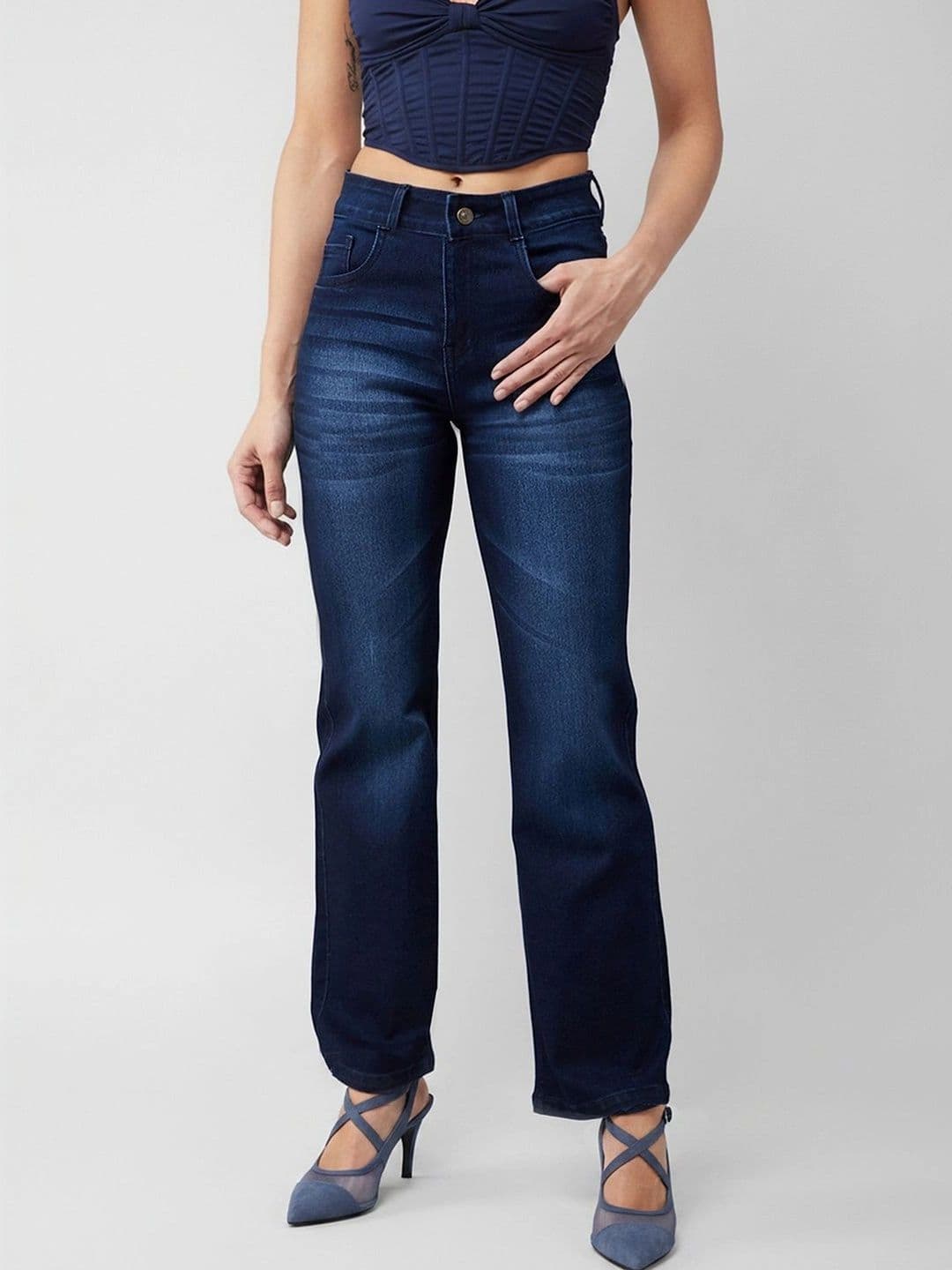 Mast & Harbour Women's Navy blue Bootcut Mid rise Regular Stretchable Denim Jeans thumbnail 6