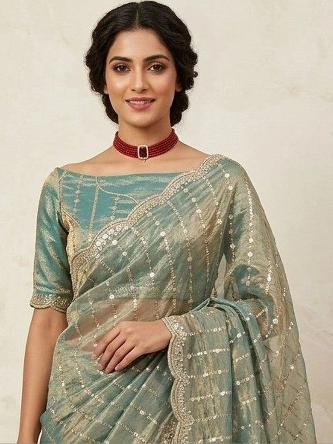 SmileyFashion Striped Sequinned Poly Chiffon Designer Saree thumbnail 4