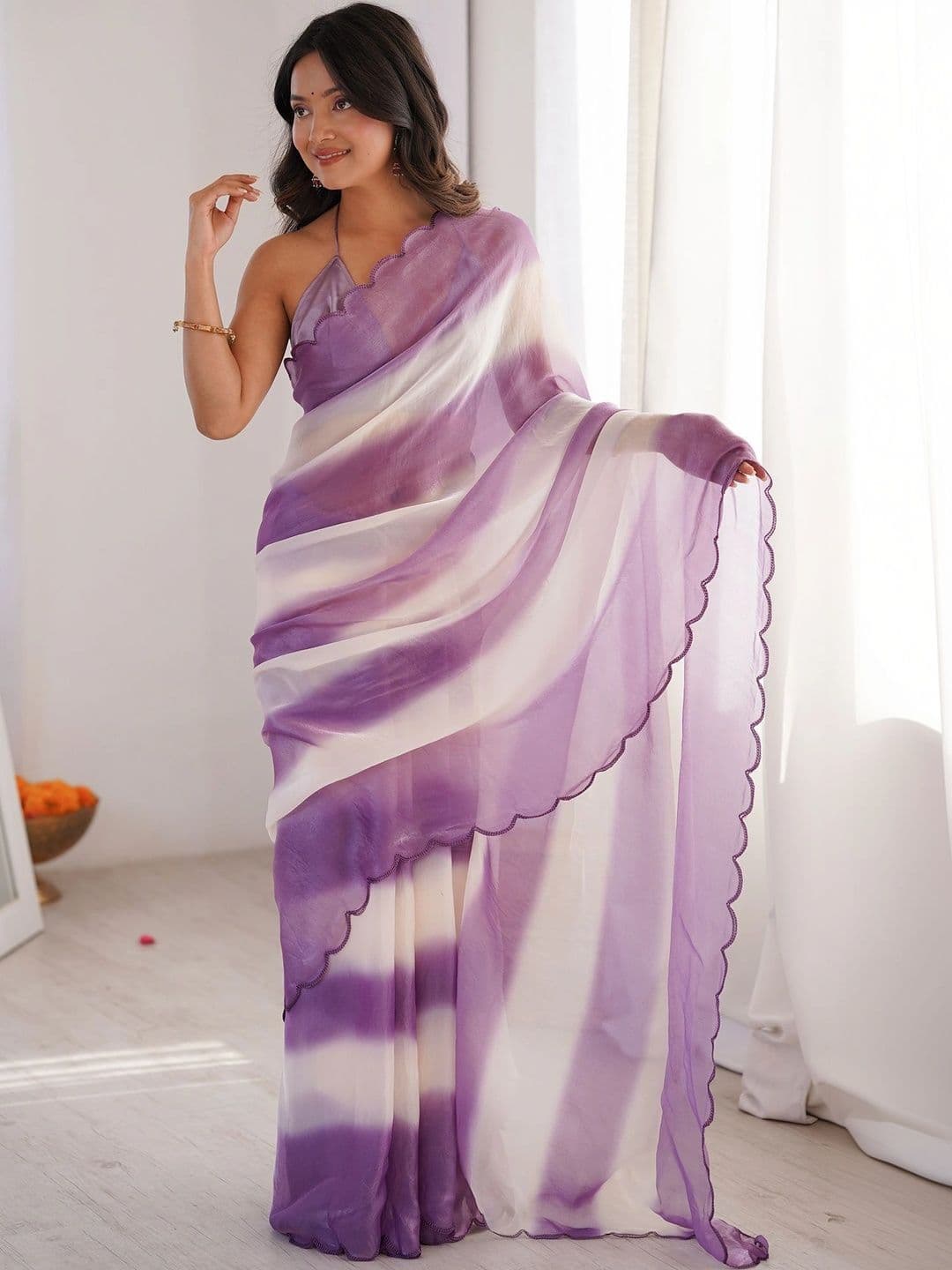 Nayanthara Trends Striped Satin Designer Saree - view 1