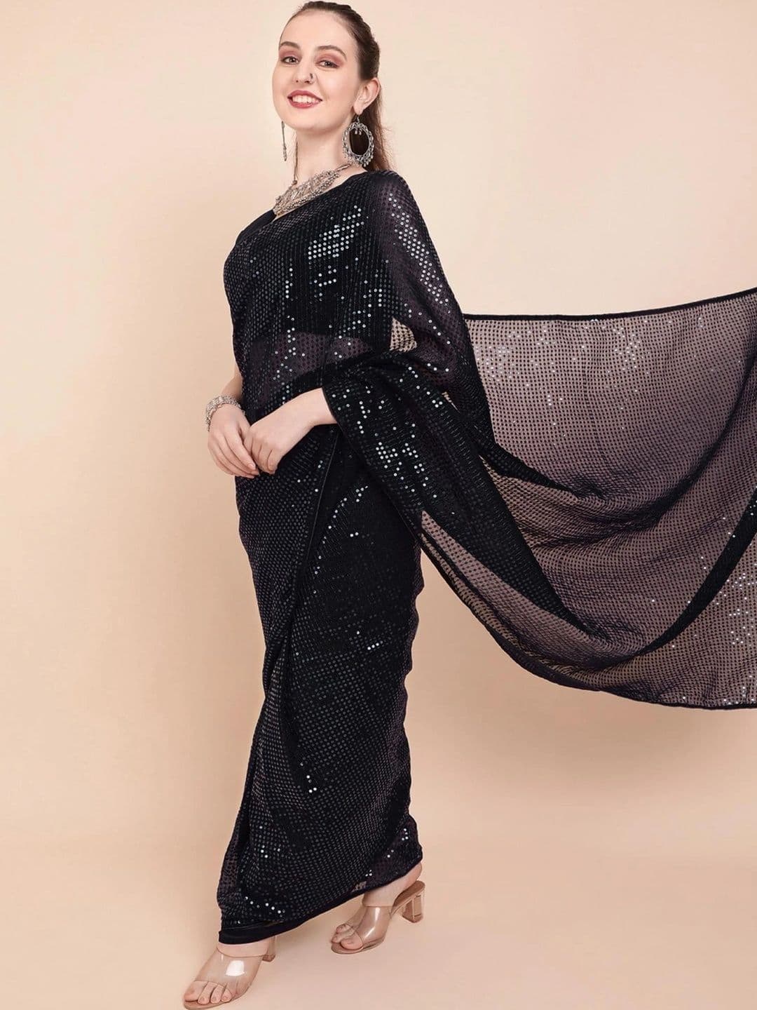 SZN Embellished Sequinned Pure Georgette Designer Saree thumbnail 2