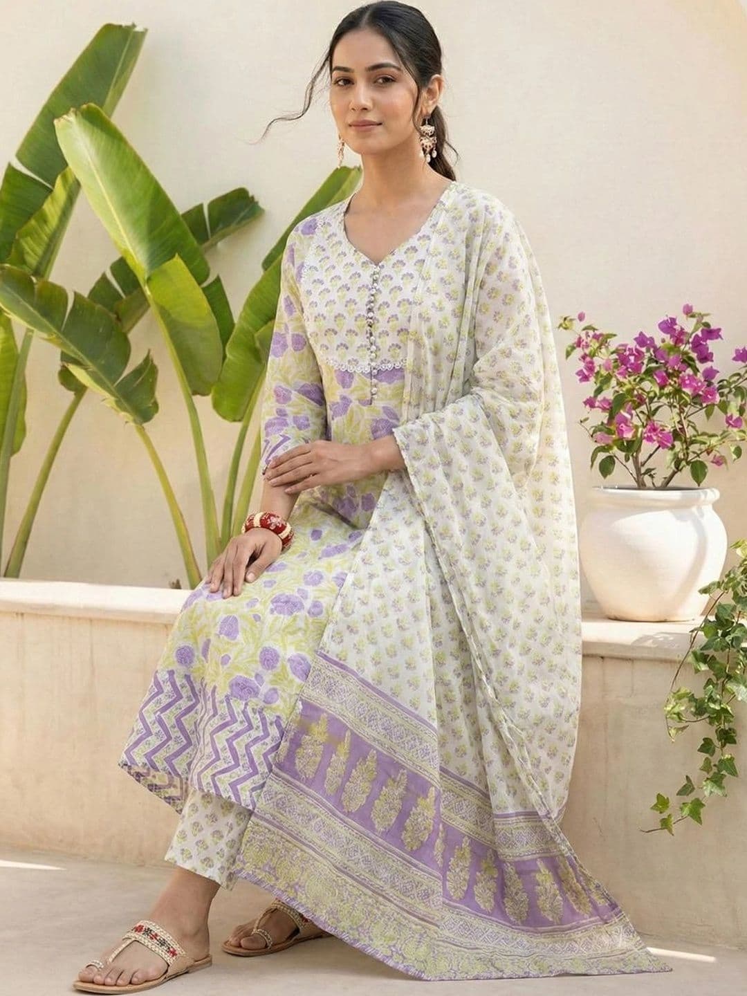 SHRI VANYA CREATION Women Floral Printed Regular Pure Cotton Kurta with Trousers & With Dupatta thumbnail 6