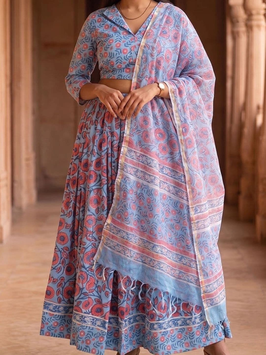 Avishya Printed Block Print Ready to Wear Lehenga & Blouse With Dupatta thumbnail 4