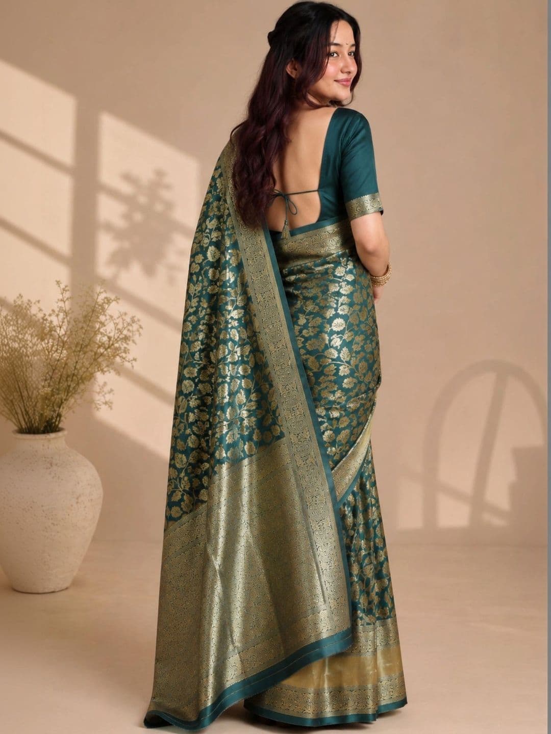 all about you Floral Zari Satin Banarasi Saree thumbnail 5