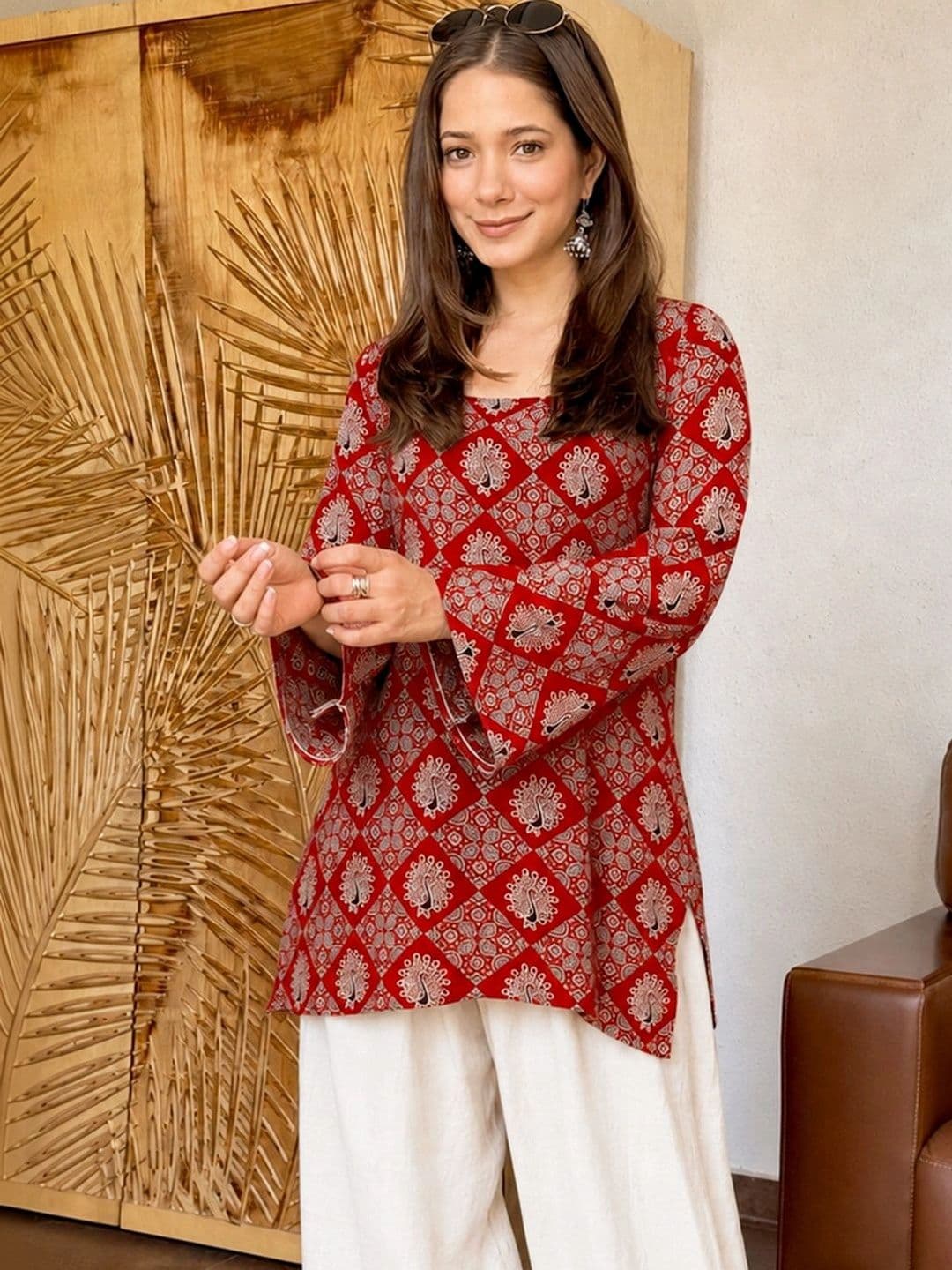Sangria Ethnic Motifs Printed Boat Neck Flared Sleeves Kurti - view 1