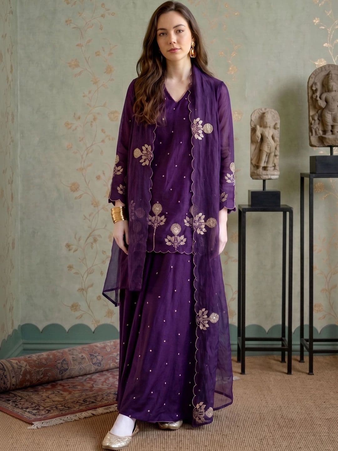 Sangria Women Floral Embroidered Regular Thread Work Kurta with Sharara & With Dupatta - view 1