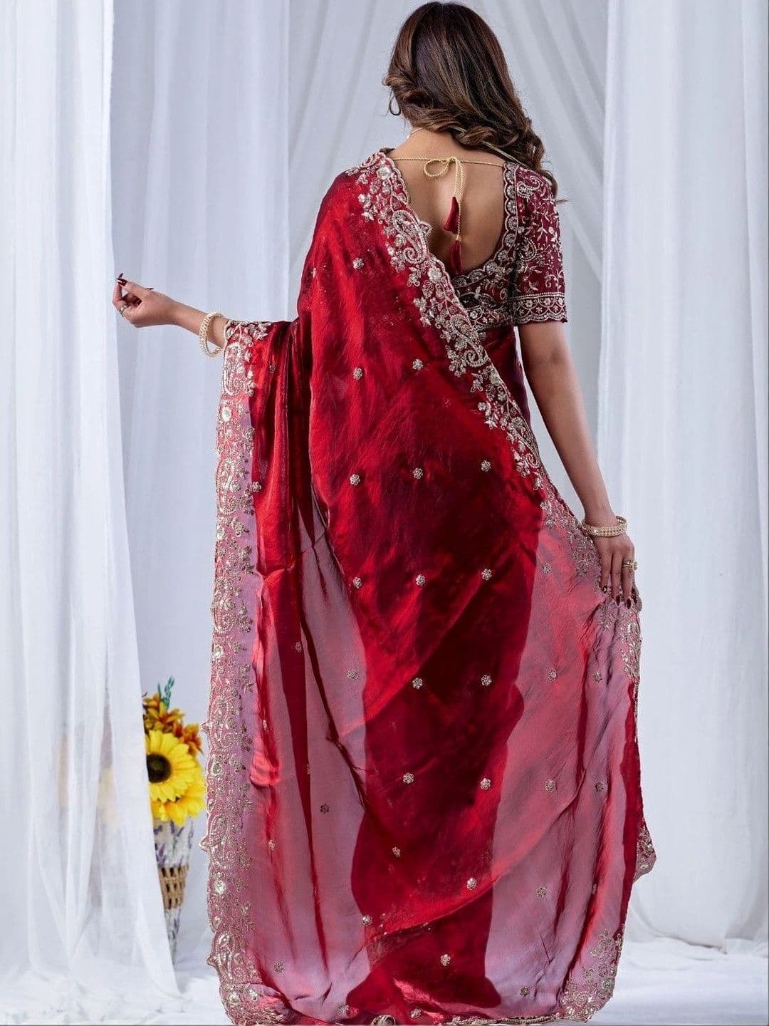 CLEMIRA Embellished Zari Satin Heavy Work Saree thumbnail 5
