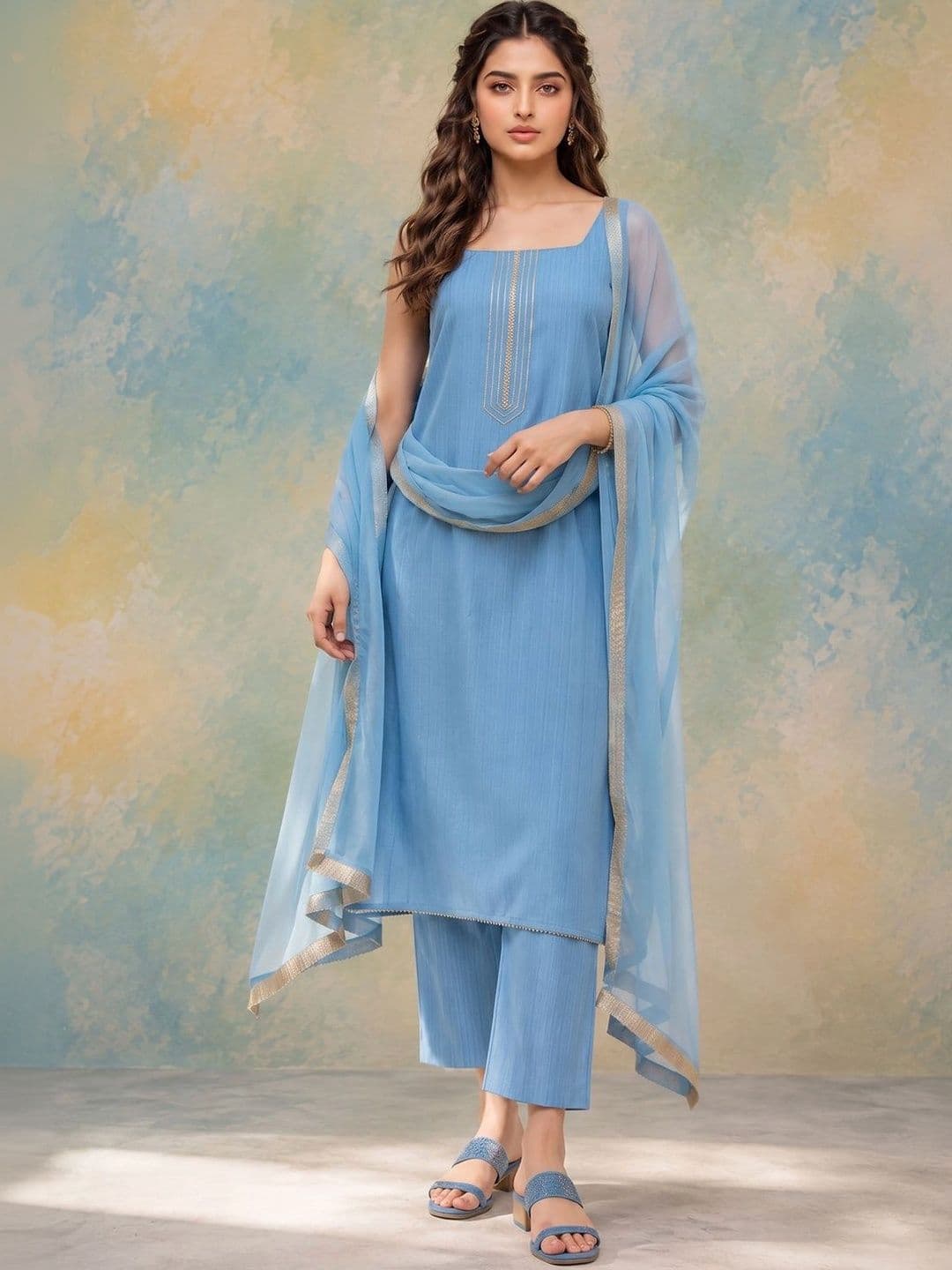 AADVIKA Scoop Neck Straight Kurta With Trousers & Dupatta - view 1