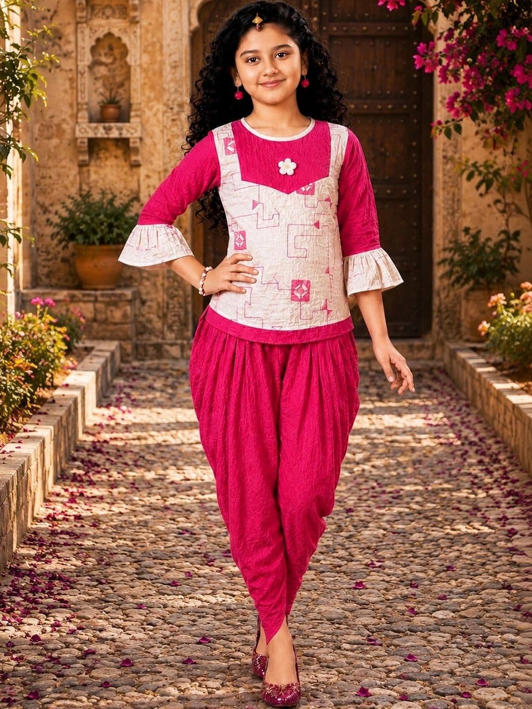 KRISHTINA Girls Printed Top with Dhoti Pants thumbnail 2