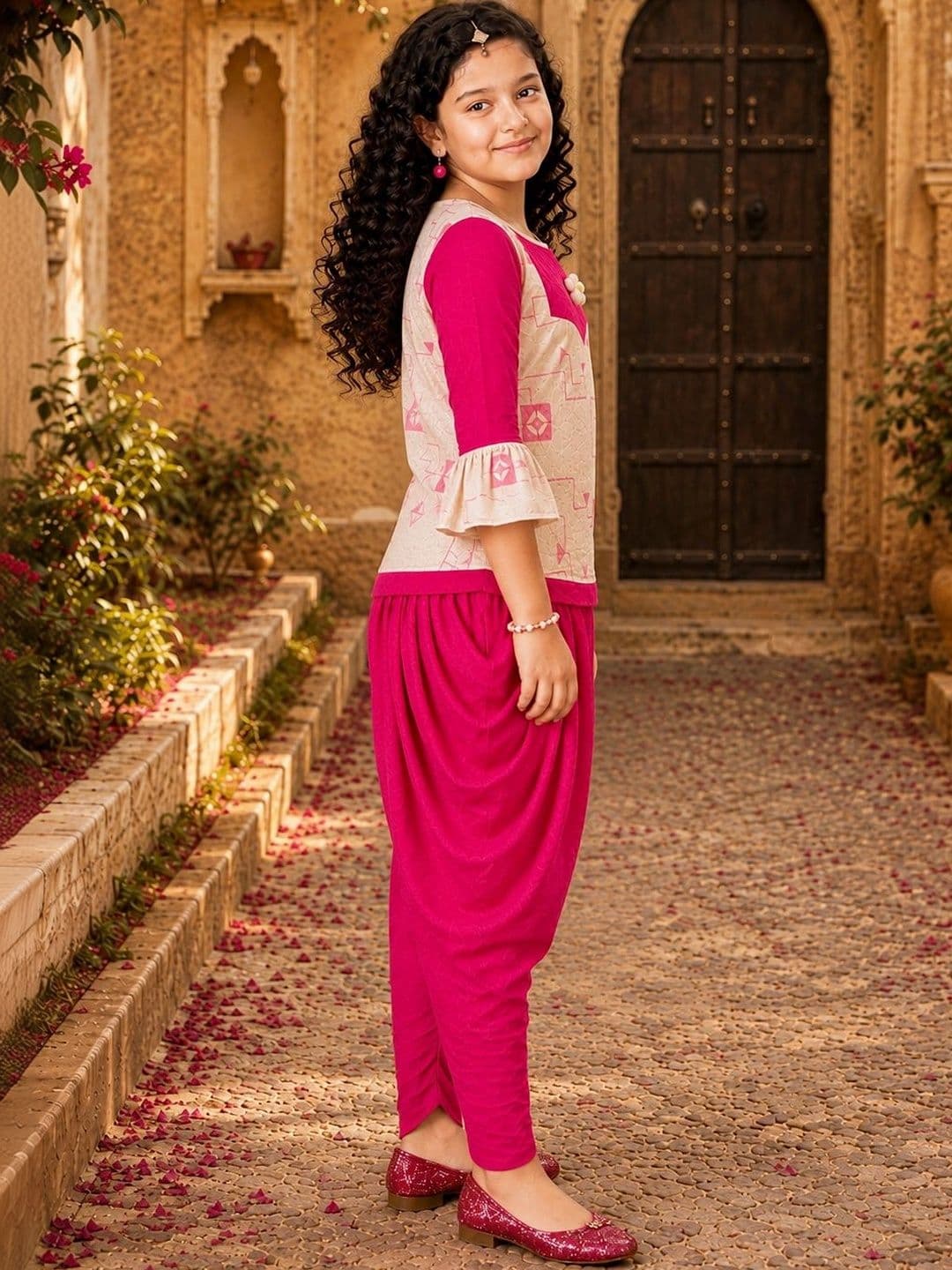 KRISHTINA Girls Printed Top with Dhoti Pants thumbnail 3