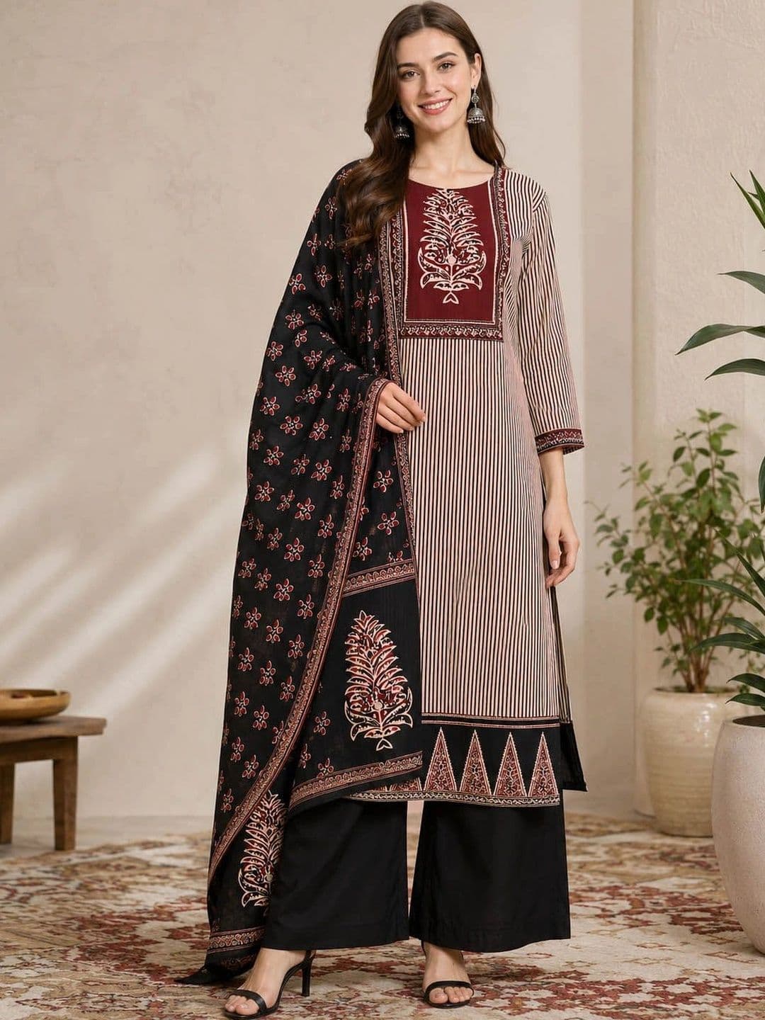 Anouk Women Striped Regular Pure Cotton Kurta with Palazzos & With Dupatta - view 1