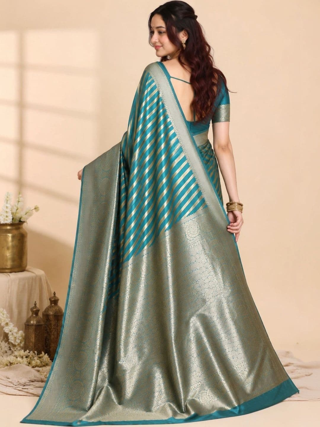 all about you Striped Zari Satin Banarasi Saree thumbnail 5
