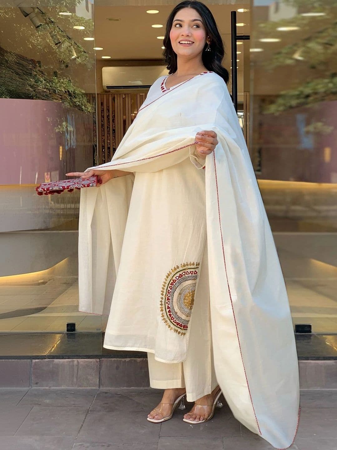 GoSriKi Women Ethnic Motifs Embroidered Regular Thread Work Kurta with Palazzos & With Dupatta thumbnail 5