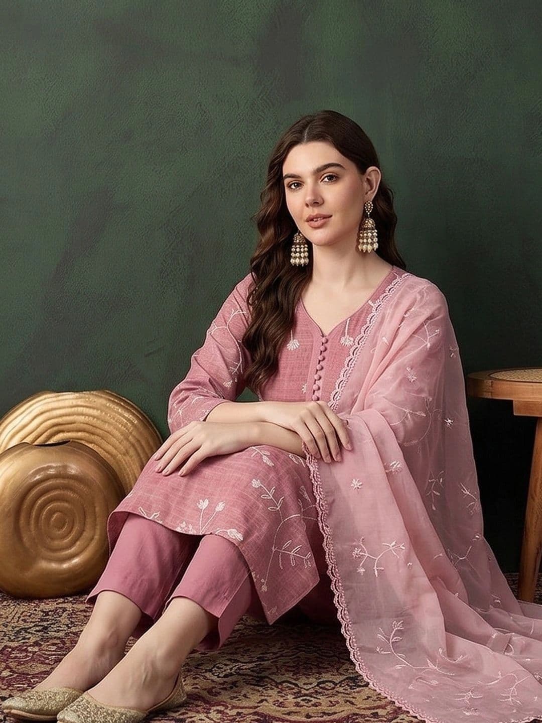 Sangria Women Floral Embroidered Regular Thread Work Kurta with Trousers & With Dupatta thumbnail 5