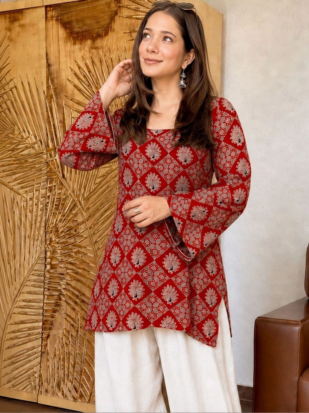 Sangria Ethnic Motifs Printed Boat Neck Flared Sleeves Kurti thumbnail 5