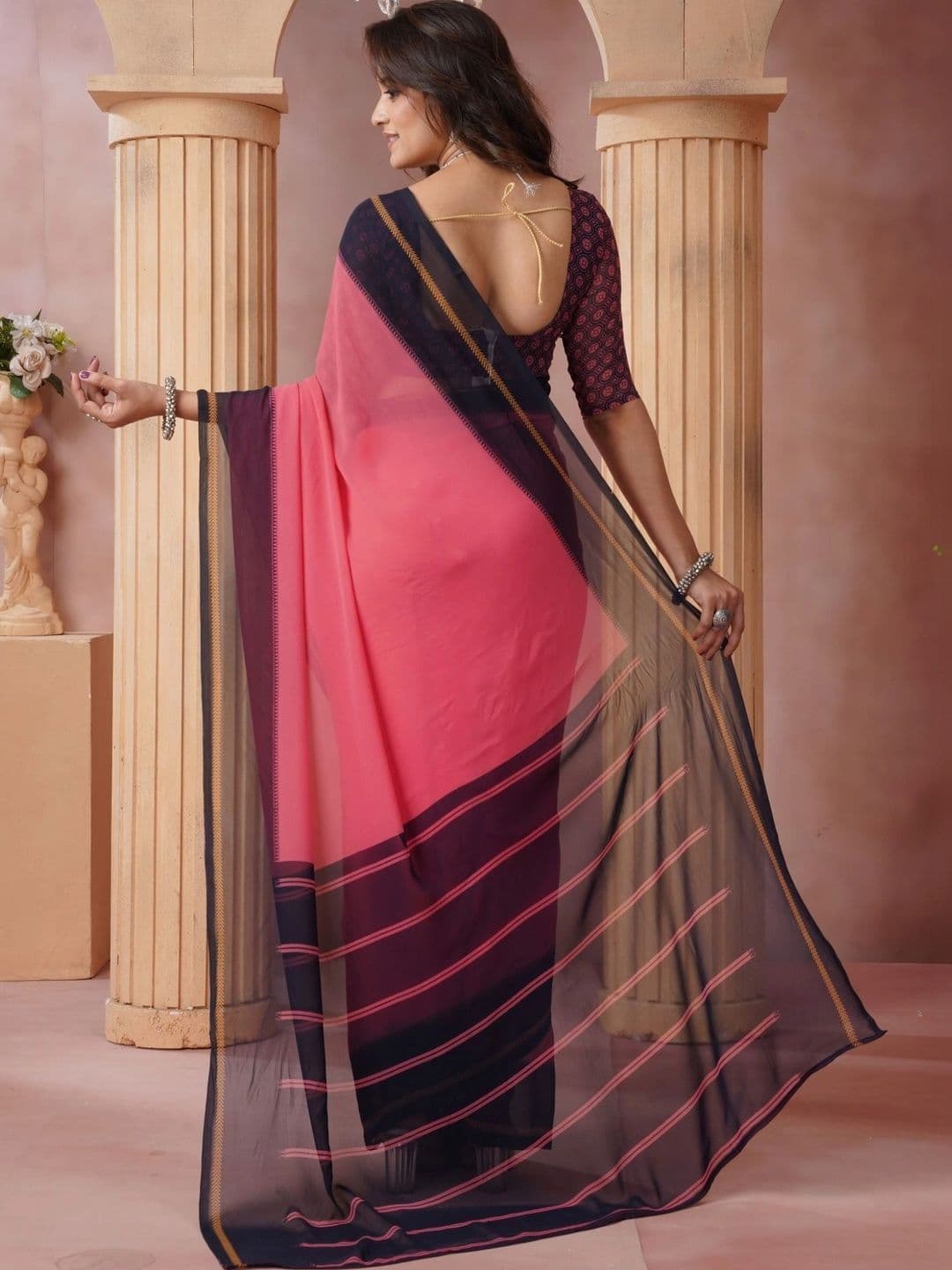 KALINI Striped Poly Georgette Saree thumbnail 5