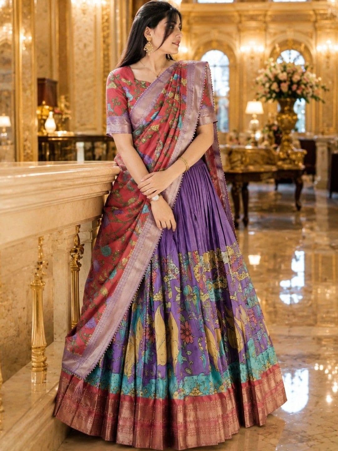 House of Pataudi Printed Semi-Stitched Lehenga & Unstitched Blouse With Dupatta thumbnail 2