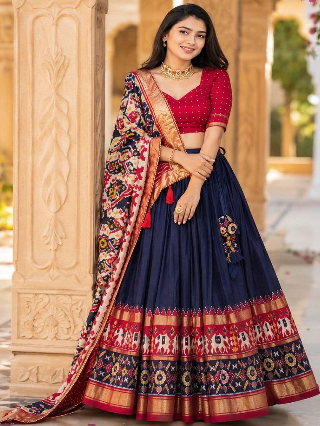 House of Pataudi Embellished Ikat Semi-Stitched Lehenga & Unstitched Blouse With Dupatta - view 1