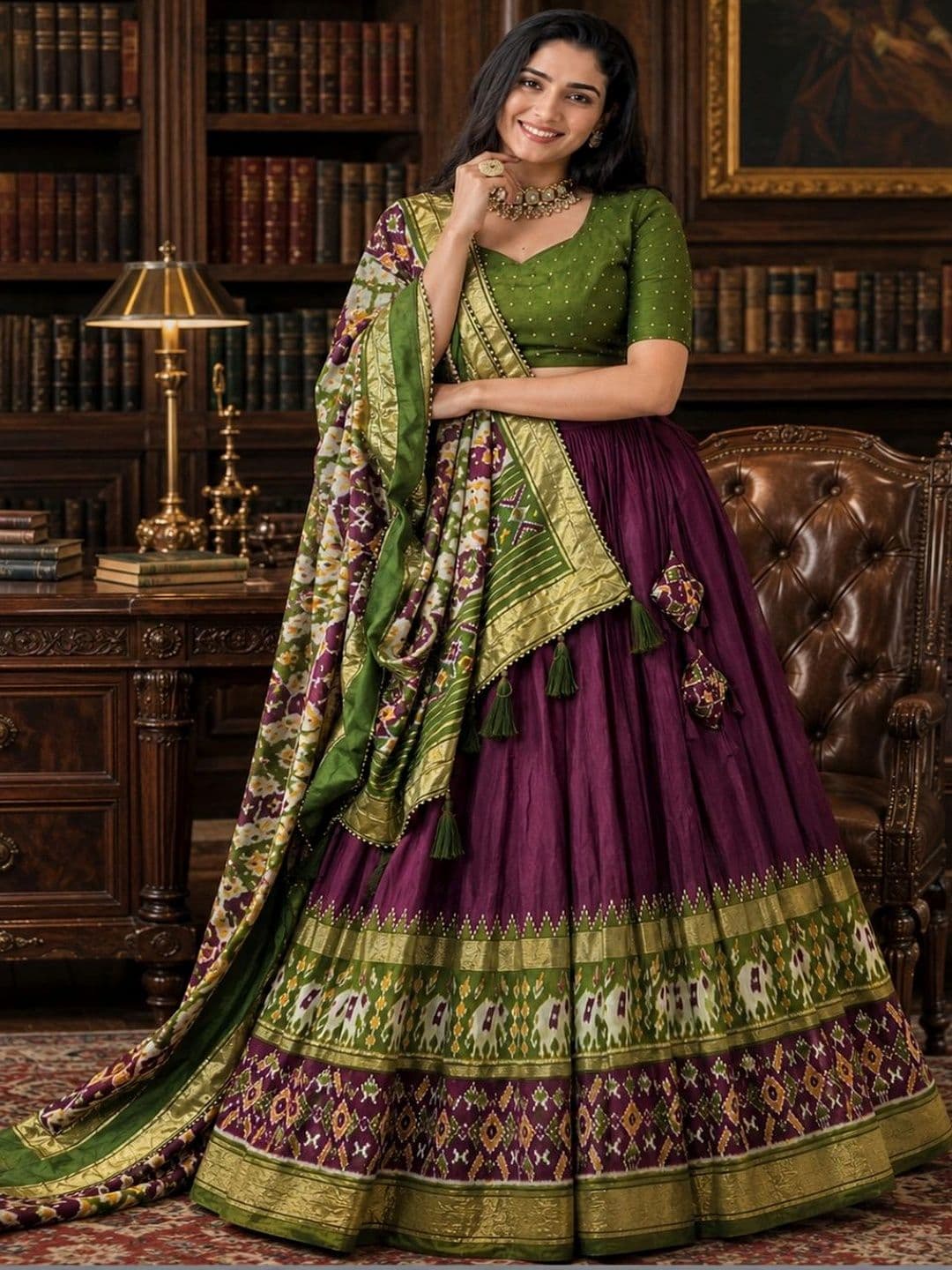 House of Pataudi Thread Work Ikat Semi-Lehenga & Unstitched Blouse With Dupatta thumbnail 2