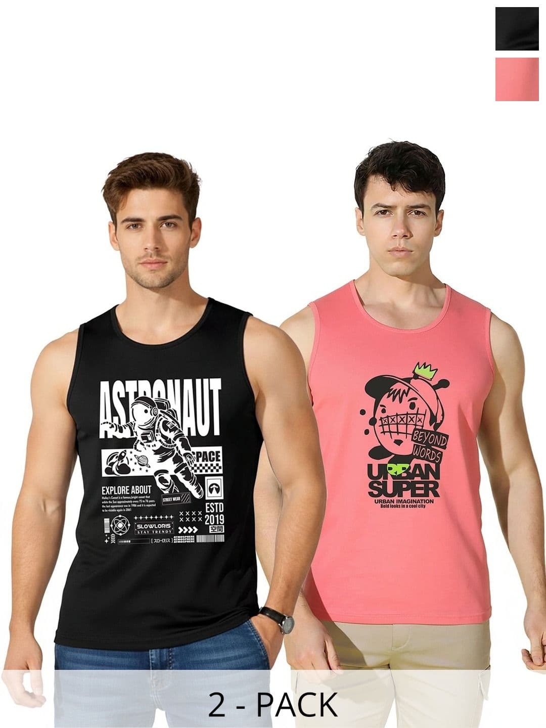 SLOWLORIS Men Pack of 2 Solid & Printed Sleeveless T-Shirts - view 1