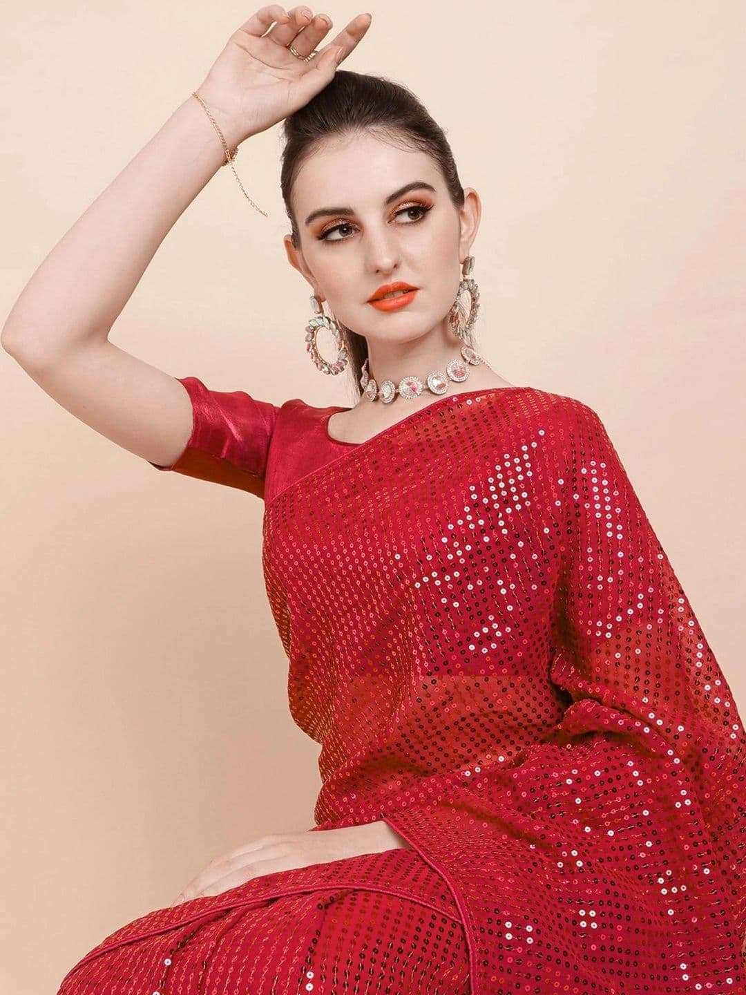 SZN Embellished Sequinned Pure Georgette Designer Saree thumbnail 5
