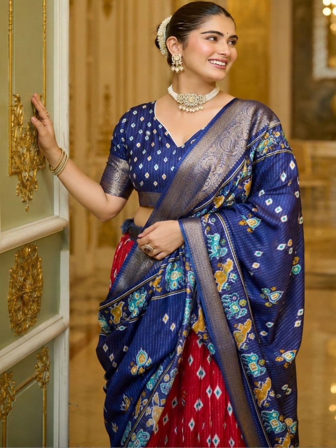 House of Pataudi Ikat Semi-Stitched Lehenga & Unstitched Blouse With Dupatta thumbnail 3