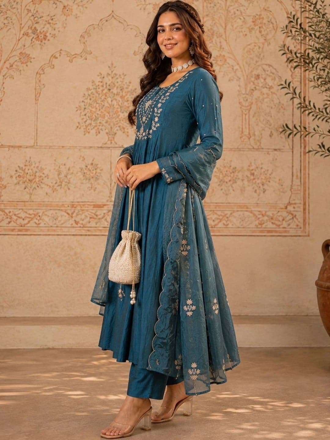Sangria Women Ethnic Motifs Embroidered Empire Thread Work Chanderi Silk Kurta with Trousers & With Dupatta thumbnail 3